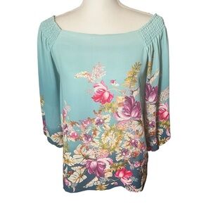Rose & Olive Floral Blouse Top Turquoise Blue 3/4 Sleeve Boat Neck Size Small